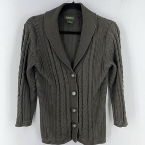Eddie Bauer Womens Small Cardigan Sweater Fisherman Shawl Collar Cable Knit FLAW